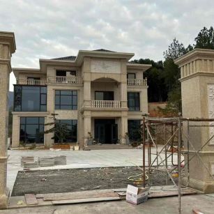 佛山 黄金麻花岗岩别墅雕花外墙干挂配上门口雕花罗马柱